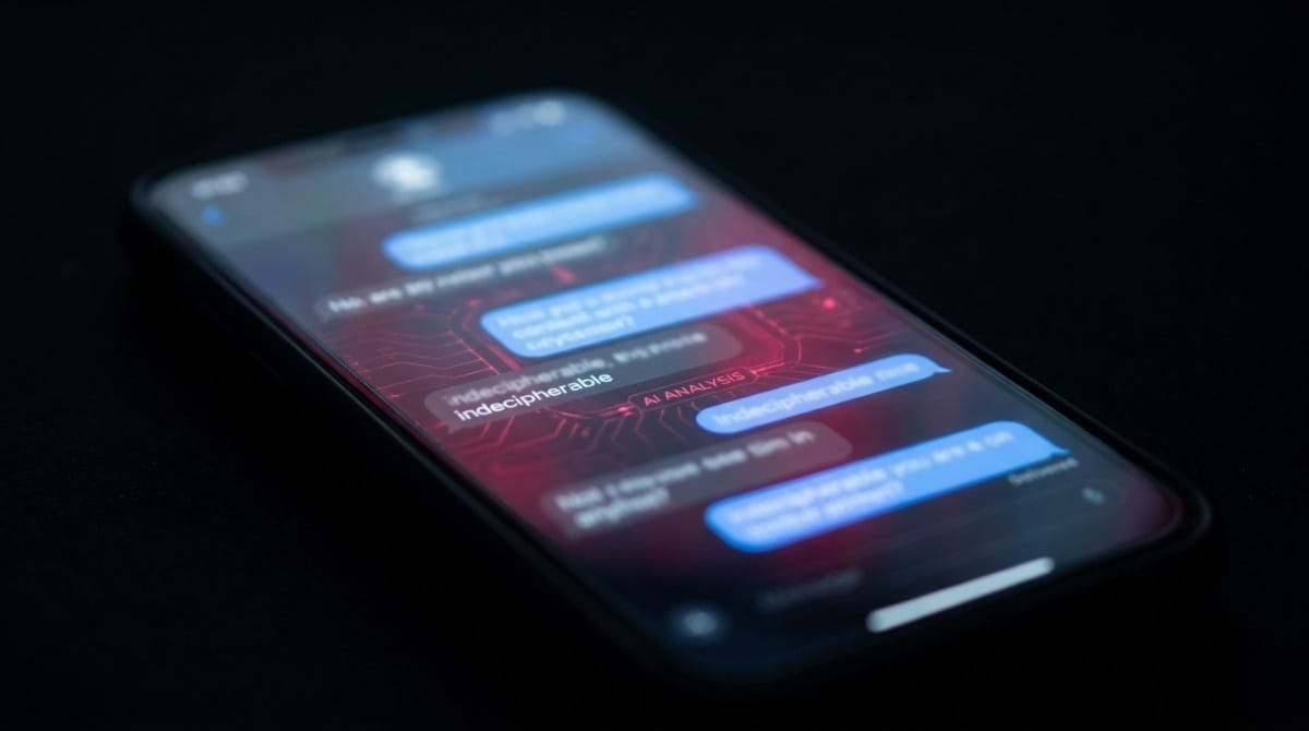 Smartphone screen showing a messaging app with AI analysis interface and glowing red digital background.