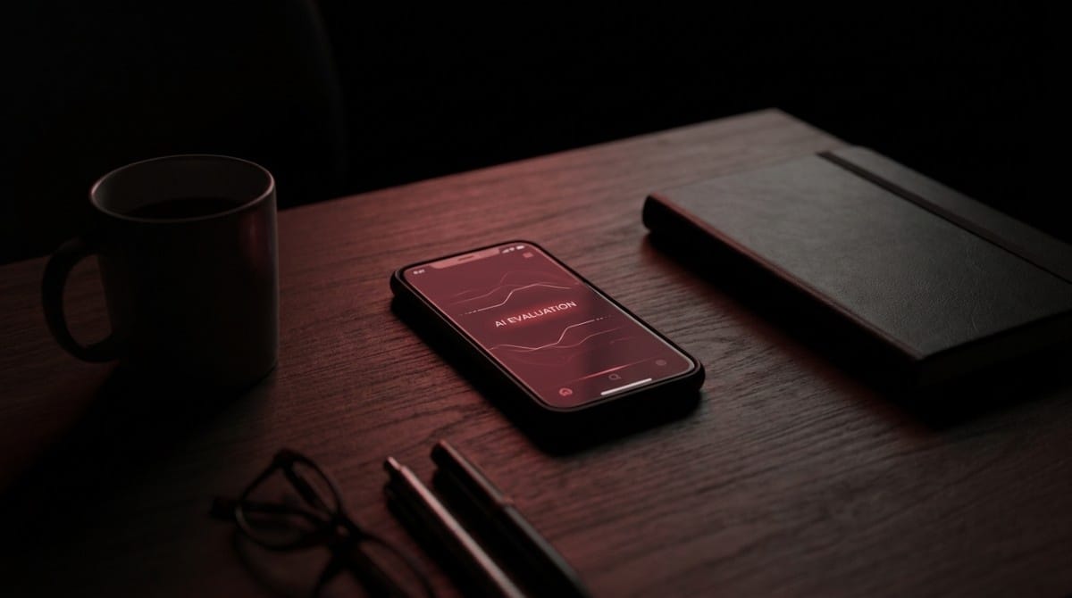 Smartphone displaying AI evaluation analytics on a wooden desk with coffee mug, notebook, and glasses in low red ambient lighting