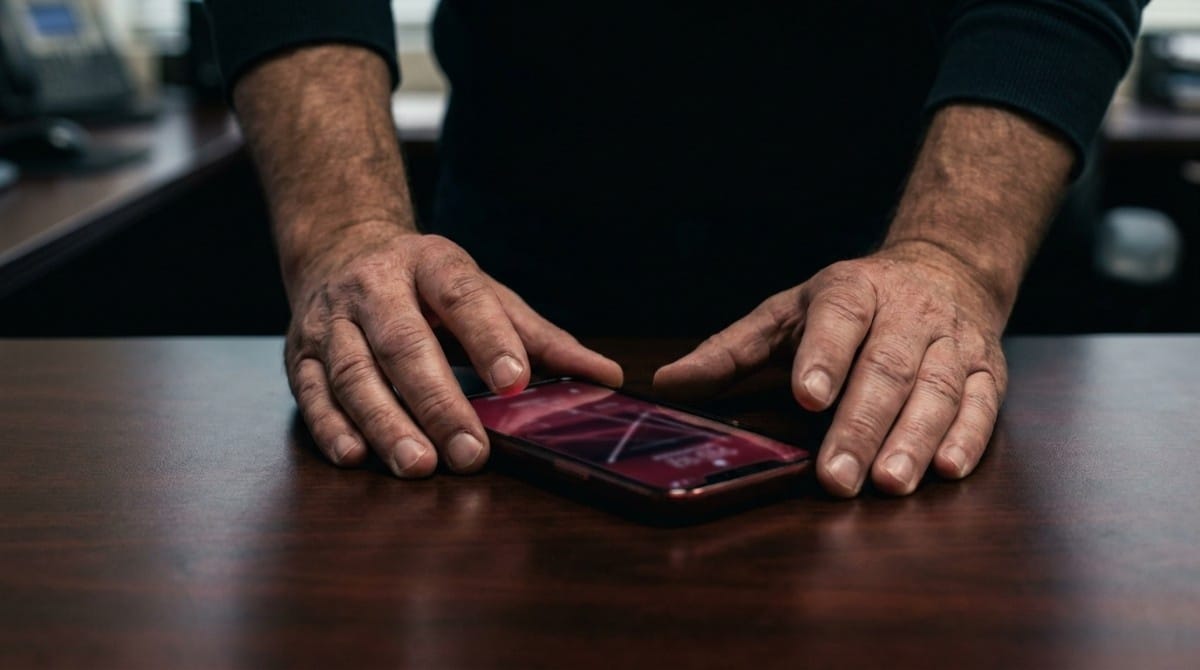 Close-up of hands resting near a smartphone on a wooden table, symbolizing hesitation, overthinking, and waiting for a text reply.