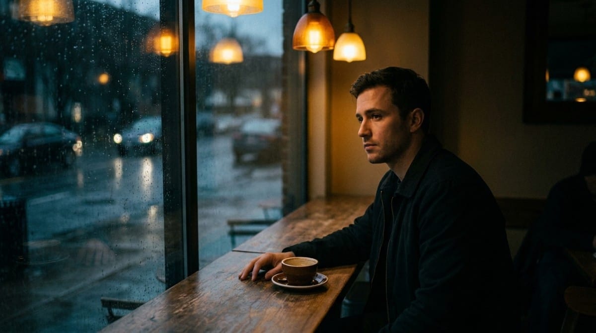 Man sitting by a window in a café during rain, holding coffee and looking outside thoughtfully, conveying introspection and emotional confusion.