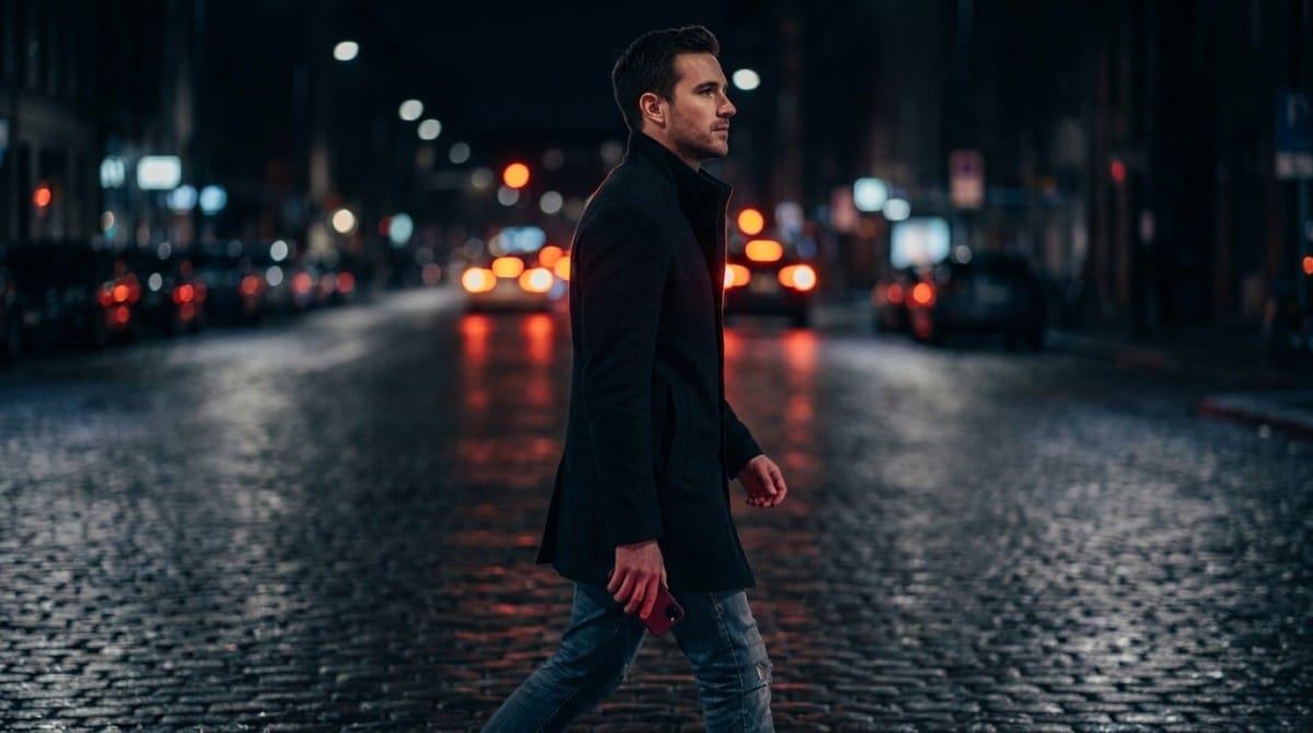 Man in dark coat walking alone on a wet city street at night with blurred lights, symbolizing loneliness and introspection.