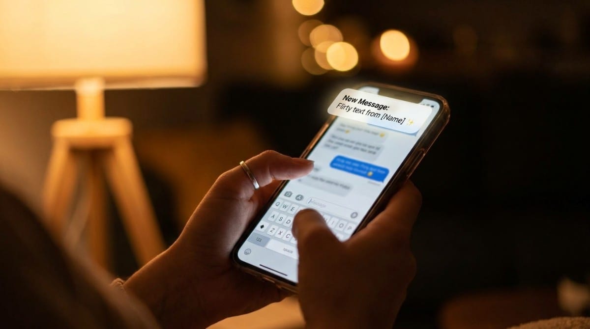 Close-up of hands typing on smartphone with a flirty message notification, showing modern texting and digital flirting.