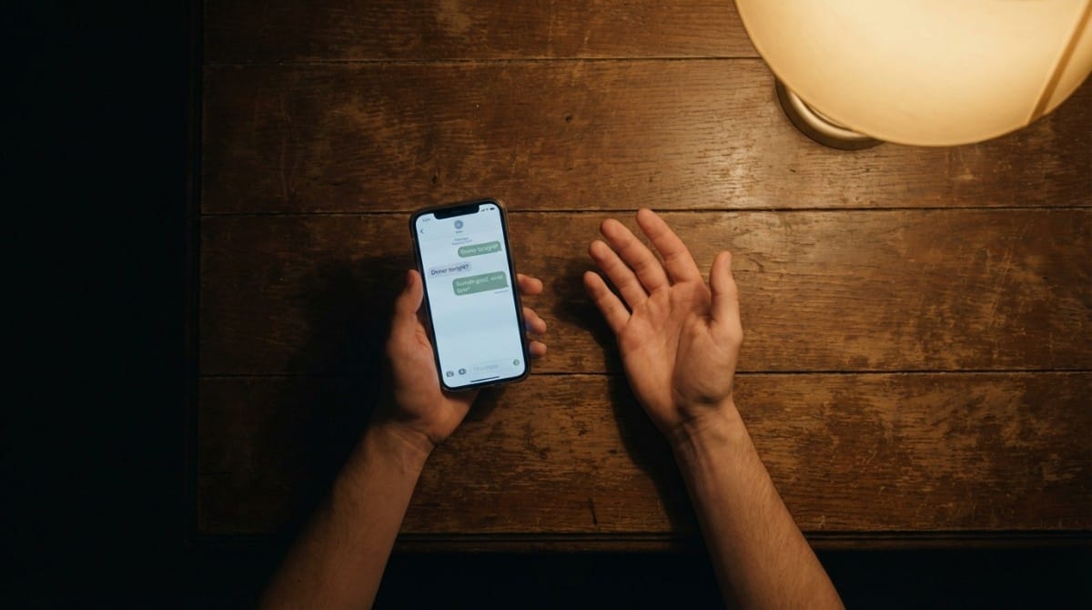Man holding smartphone over wooden table with a drafted text message, symbolizing hesitation and texting anxiety in dating.