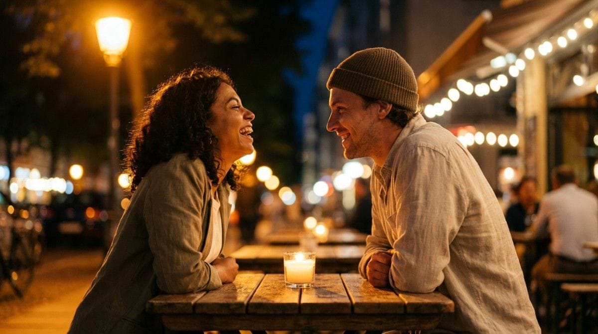Young couple laughing and talking at an outdoor café at night with warm lights, showing romantic connection and chemistry.
