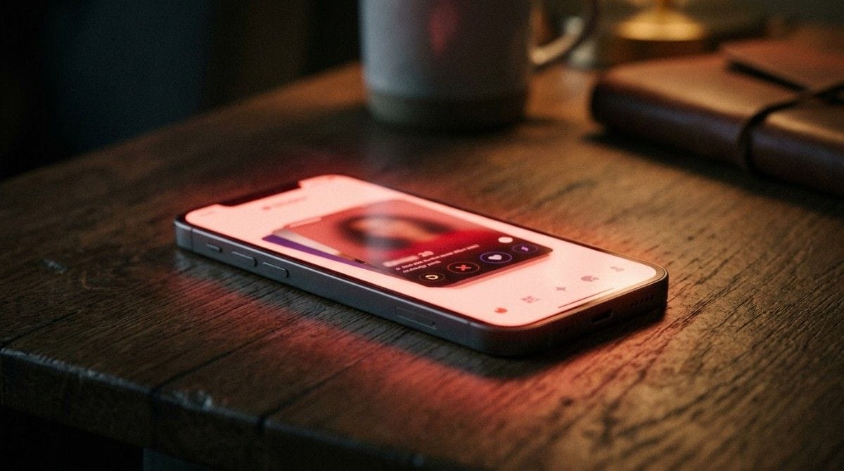Smartphone on a wooden table displaying a dating app interface with blurred profile and red ambient lighting, suggesting a late-night swiping experience