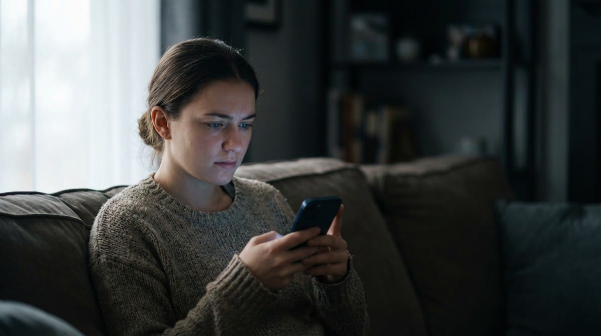 Young woman sitting on a couch at night, focused on her phone with a concerned expression, representing anxiety while texting or using a dating app