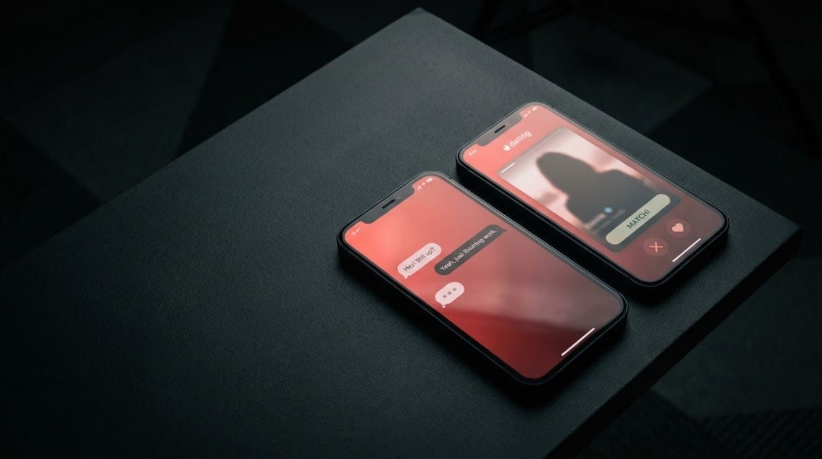 Smartphone on a wooden table displaying a dating app interface with blurred profile and red ambient lighting, suggesting a late-night swiping experience