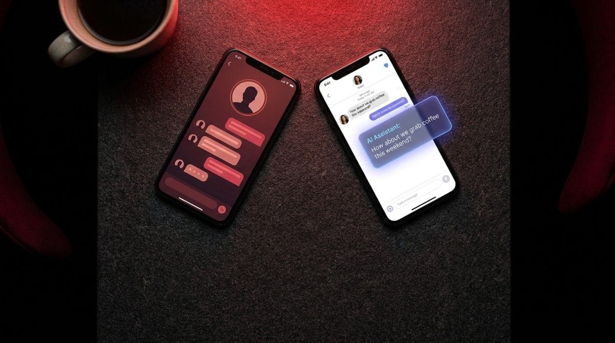 Two smartphones showing dating chat interface with AI-generated reply suggestion glowing between them on a dark surface with red ambient lighting.