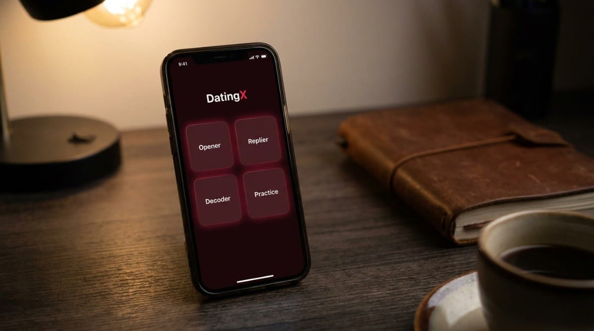 Smartphone displaying DatingX app with options for opener, replier, decoder, and practice placed on a wooden table with coffee and notebook in warm lighting.