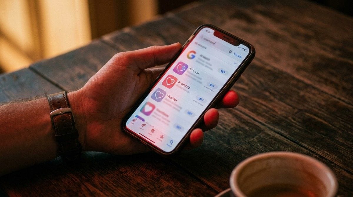 Hand holding a smartphone displaying multiple dating apps on the app store interface, placed on a wooden table with a coffee cup nearby.