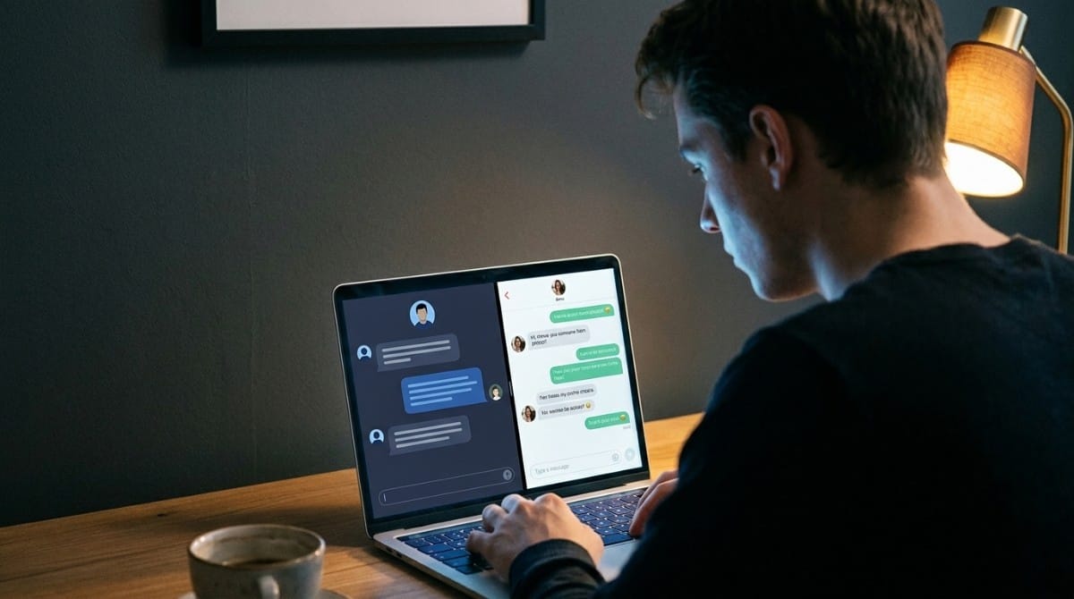 Man using a laptop at night, engaged in an online chat conversation interface with message bubbles on screen.