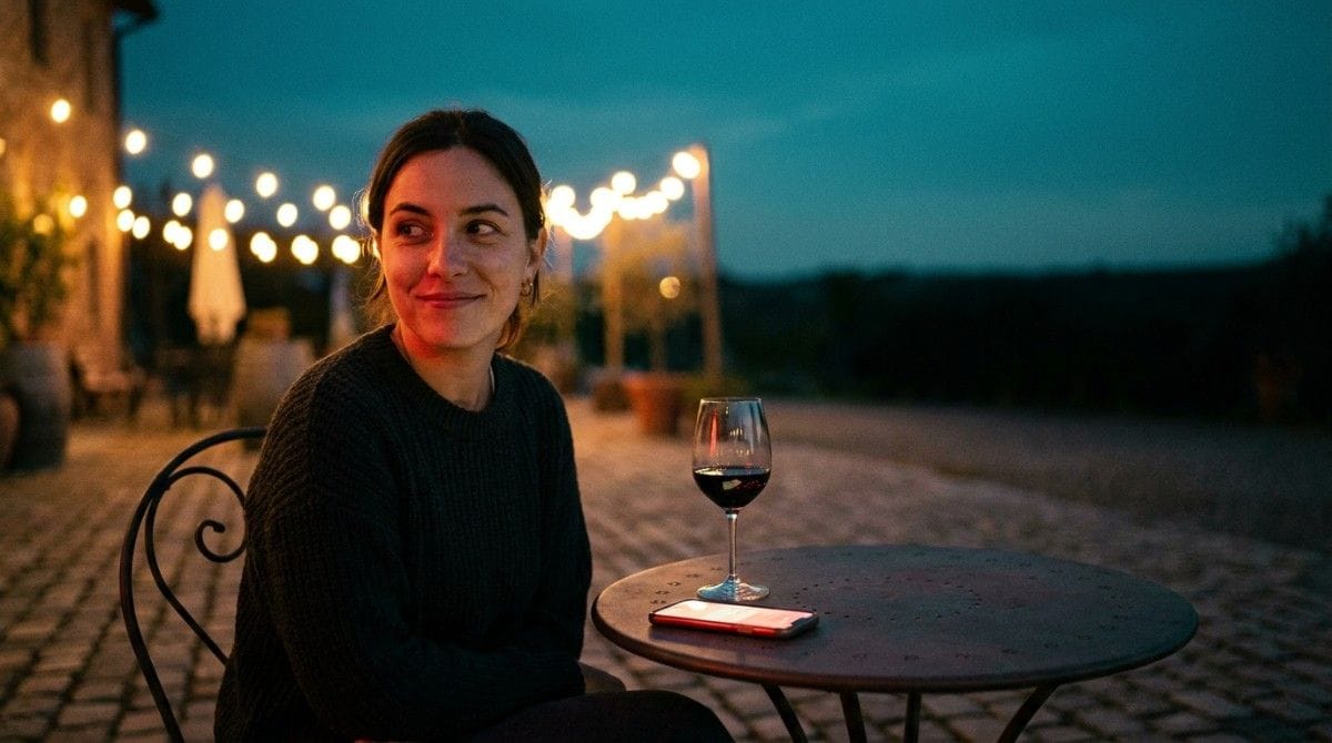 Young woman sitting at an outdoor café at night with a glass of wine, looking away while her smartphone rests on the table.