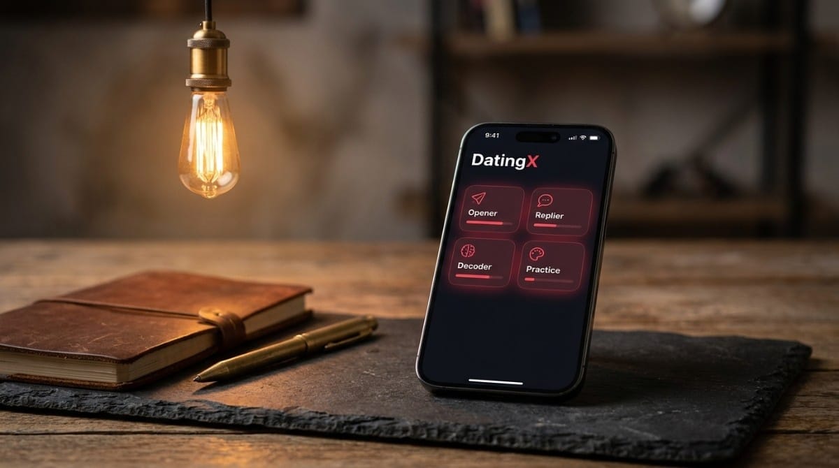 Smartphone on a desk displaying a dating app with options like opener, replier, decoder, and practice under warm lighting.