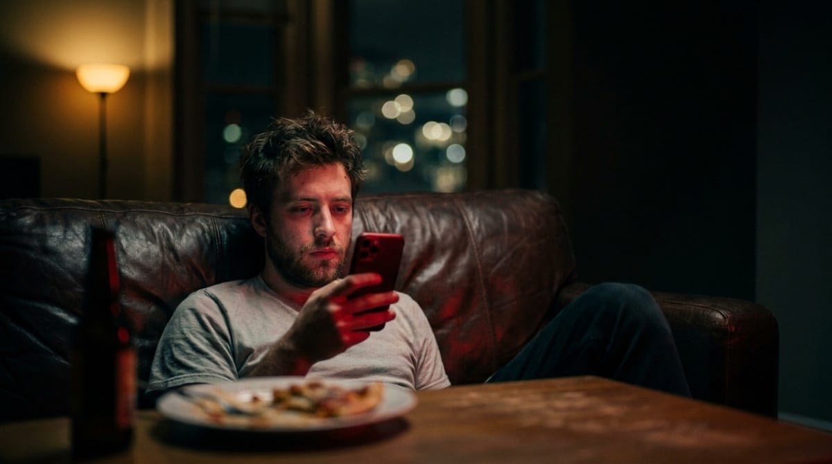 Man sitting on a couch at night using his phone with a tired expression, showing dating app fatigue and emotional burnout