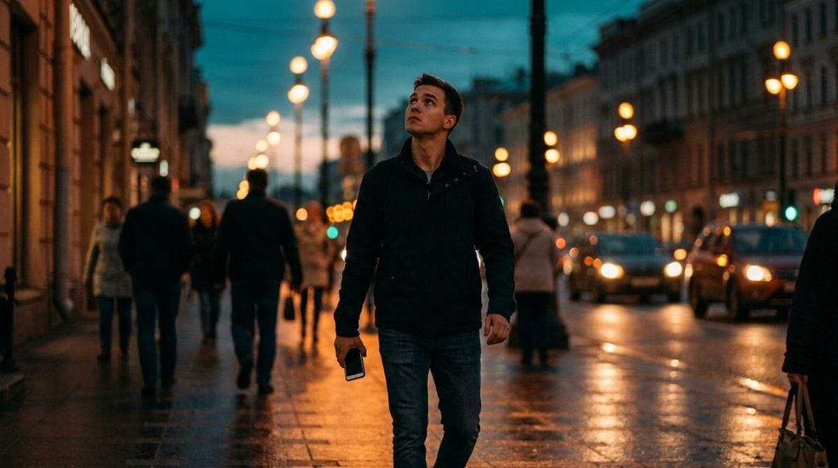 Man walking alone on a city street at night with glowing lights, symbolizing loneliness in modern dating life