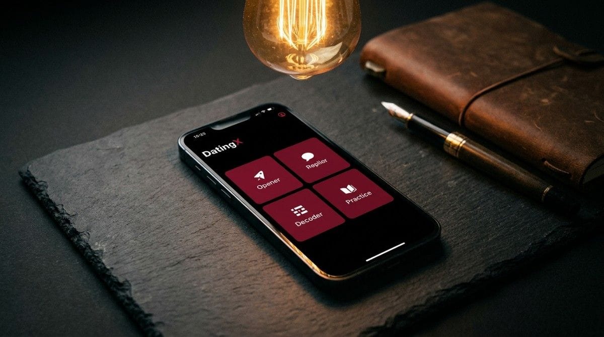 Smartphone displaying a dating app interface on a desk with warm lighting, representing online dating and digital relationships