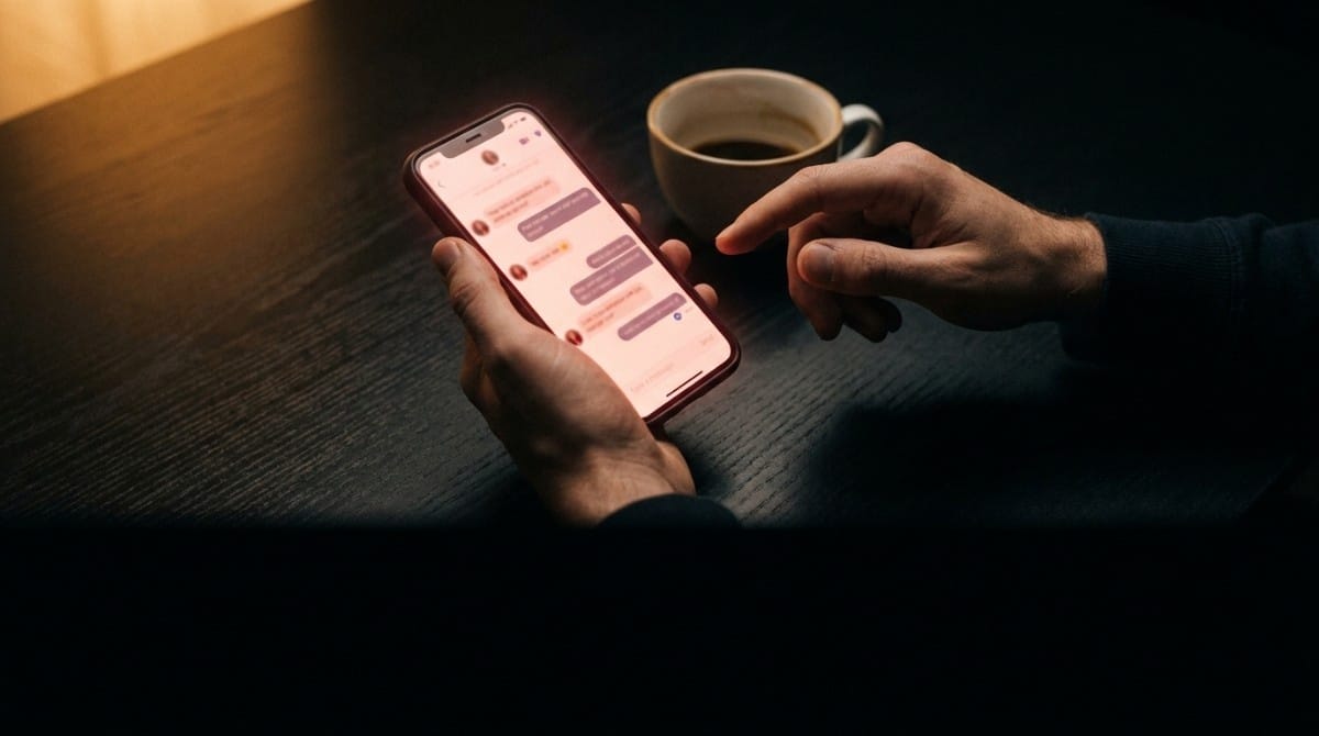 Close-up of a person holding a smartphone with a chat conversation on screen, coffee cup nearby in dim lighting.