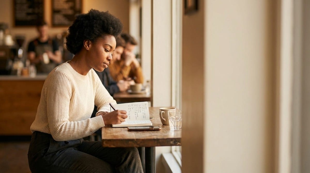 Woman sitting in a café writing in a notebook with a coffee and phone beside her, focused and thoughtful.