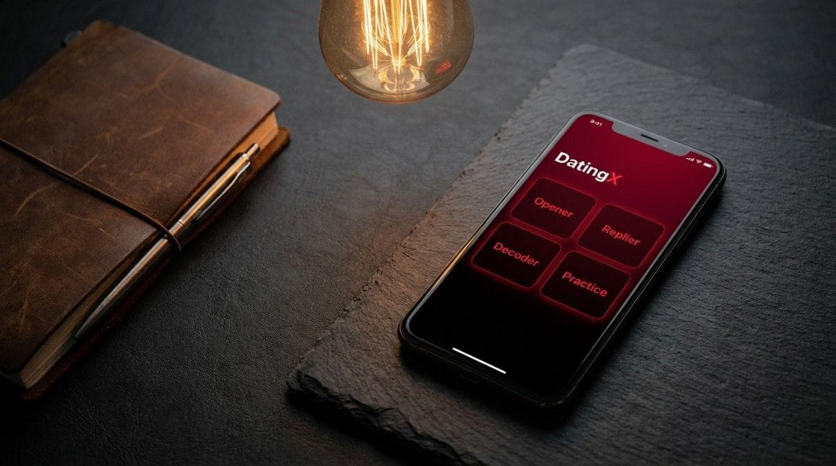 Smartphone displaying a dating app interface with options like opener, replier, decoder, and practice on a desk.