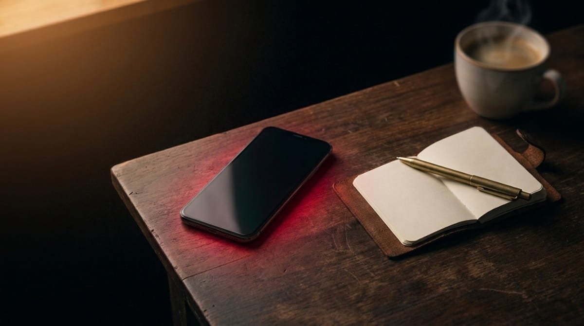 Smartphone glowing on a wooden table next to a notebook and coffee cup in a dimly lit room.