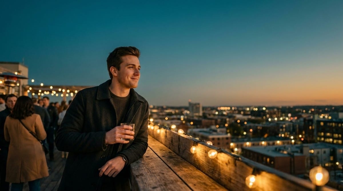 Man holding a drink on a rooftop terrace at sunset with city lights in the background.