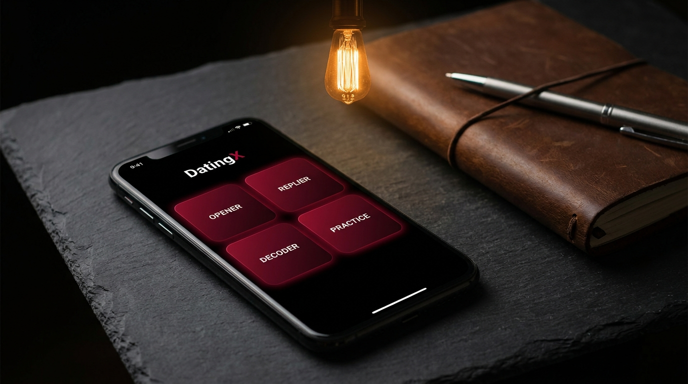 Smartphone displaying a dating app interface with options like opener, reply, decoder, and practice on a dark desk.