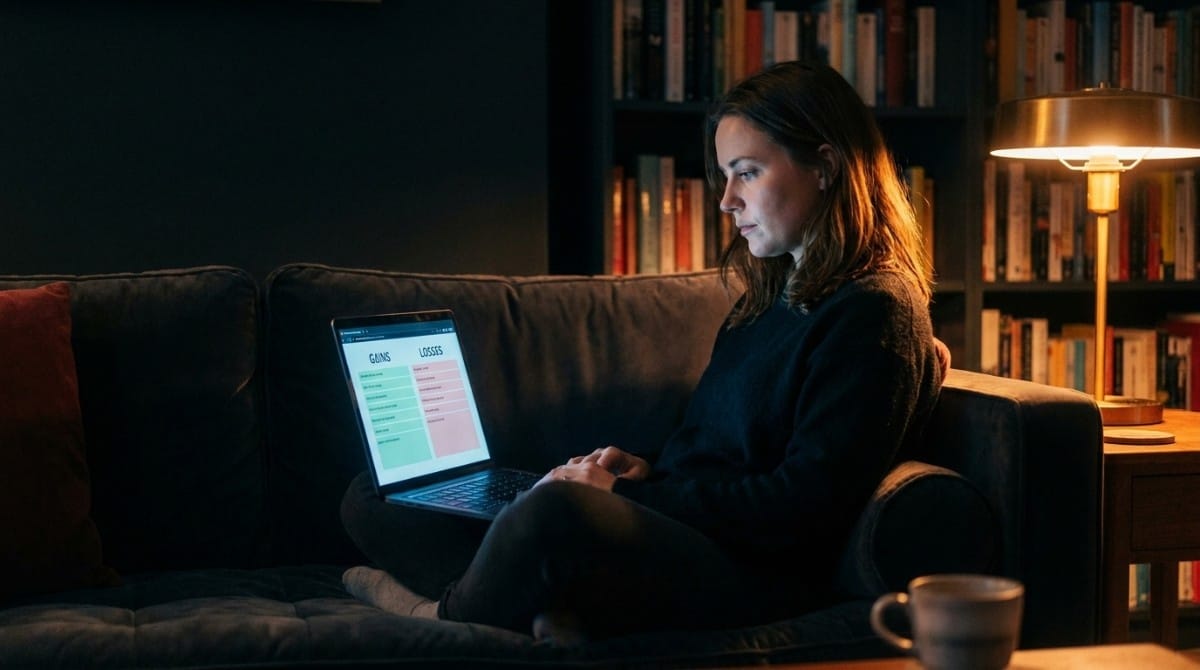 Woman sitting on a couch using a laptop displaying a pros and cons list, looking focused and concerned.
