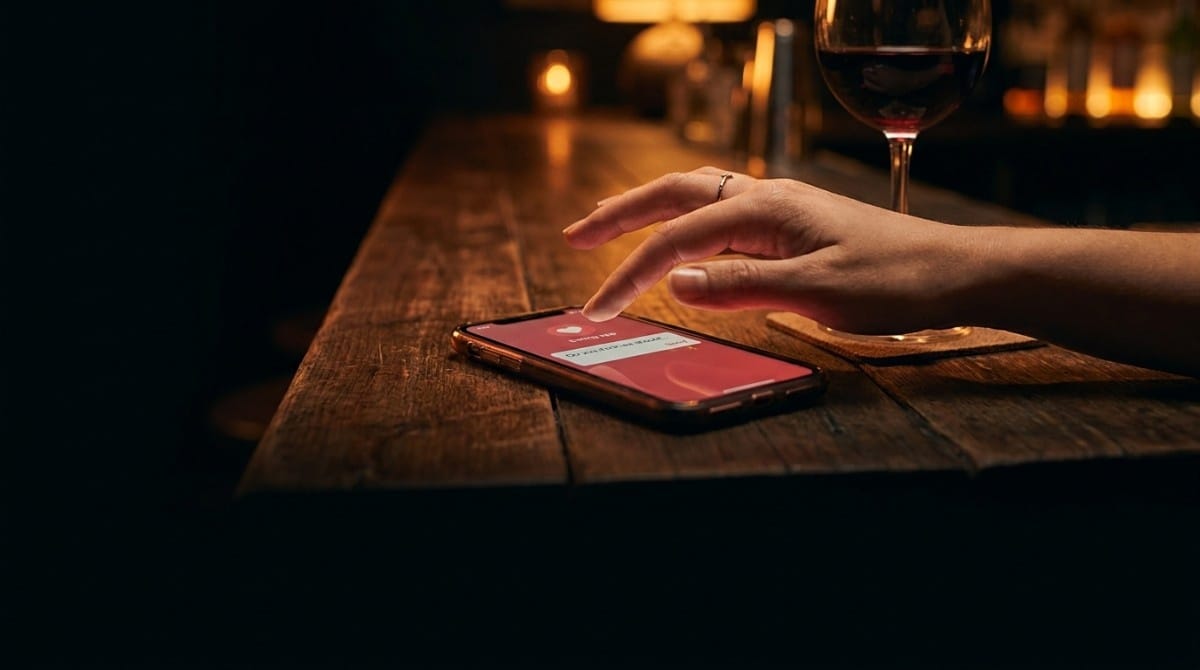 Hand reaching toward a smartphone with a dating app notification on a dimly lit restaurant table beside a glass of wine.