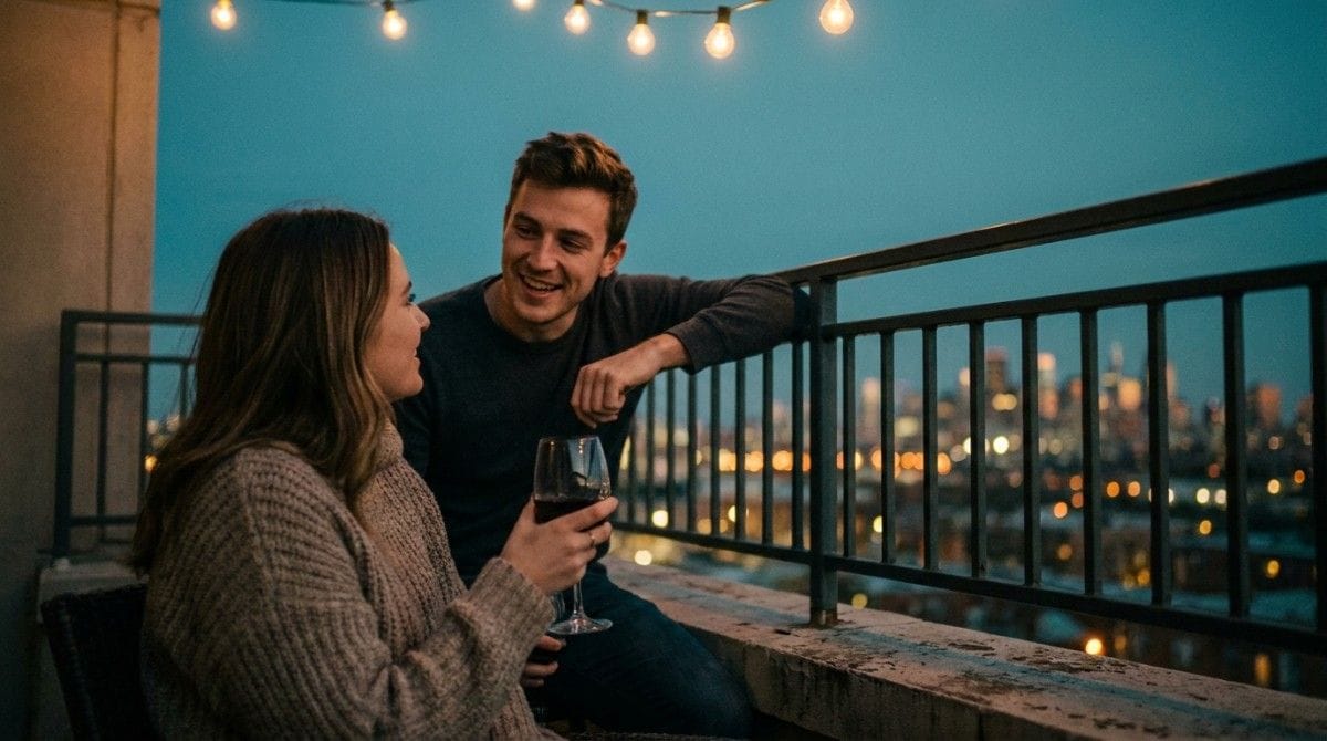 Man and woman talking on a rooftop balcony at night with city lights and wine glasses during a casual date.