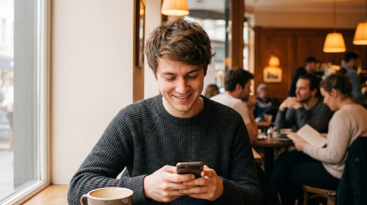 Alt Text: Young man smiling while using a smartphone in a cozy coffee shop with a cup of coffee on the table.