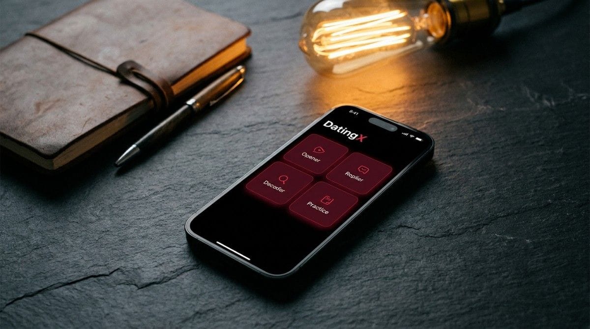Smartphone displaying a dating advice app interface on a dark desk beside a notebook, pen, and vintage light bulb.