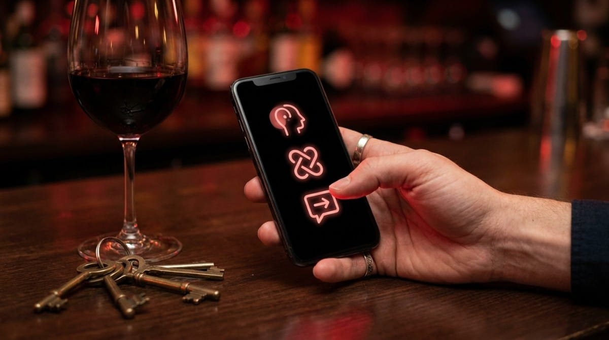 Person using a smartphone displaying dating and messaging app icons while sitting at a bar table with wine and keys.