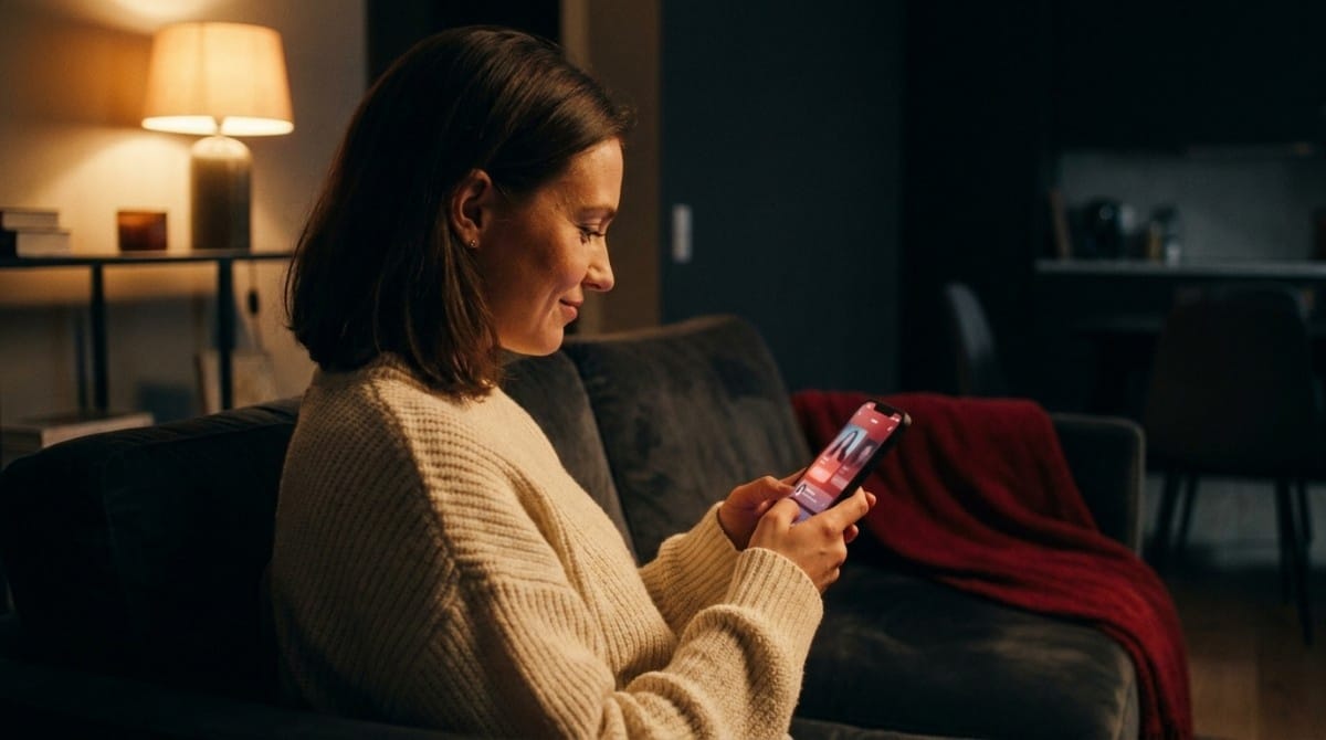 Woman sitting on a couch in warm lighting and using a smartphone dating app in a modern living room at night.