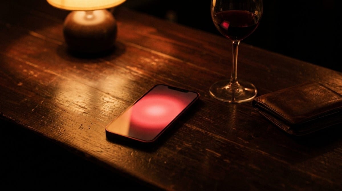 Smartphone with a glowing red screen resting on a wooden bar table next to a glass of wine, wallet, and warm ambient lighting.