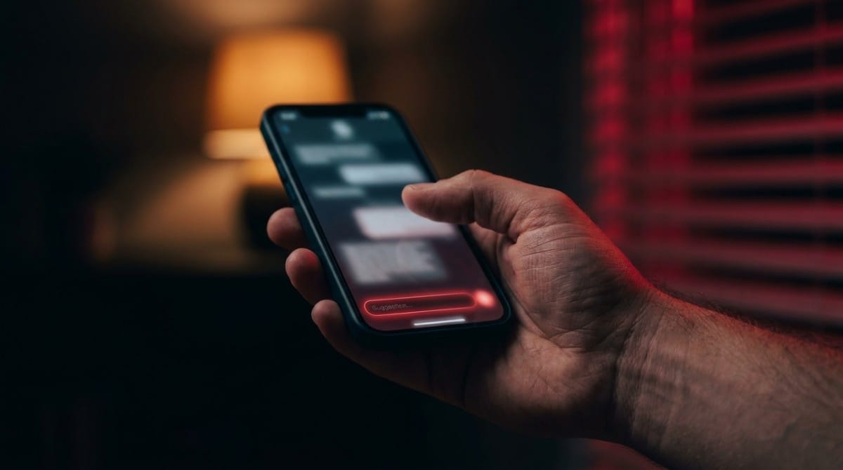 Hand holding a smartphone with blurred AI-generated chat suggestions glowing in red and blue lighting indoors.