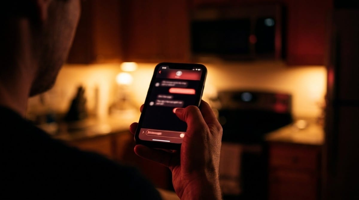 Close-up of a man holding a smartphone with a dating app chat open in a dark kitchen setting.