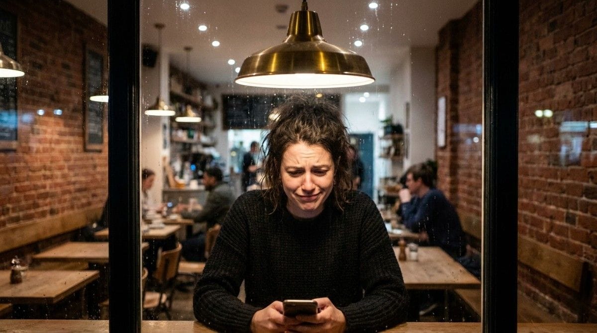 Upset woman sitting alone in a café while checking her phone after receiving no reply on a dating app.