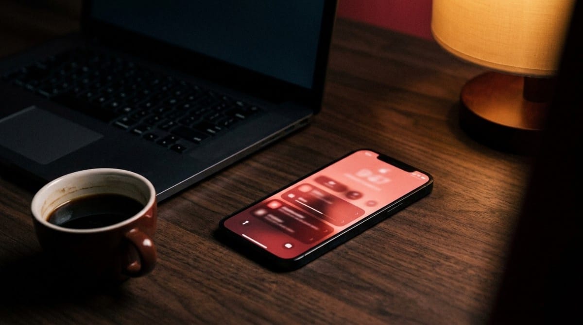 Smartphone displaying dating app messages on a wooden desk next to a laptop and coffee mug.