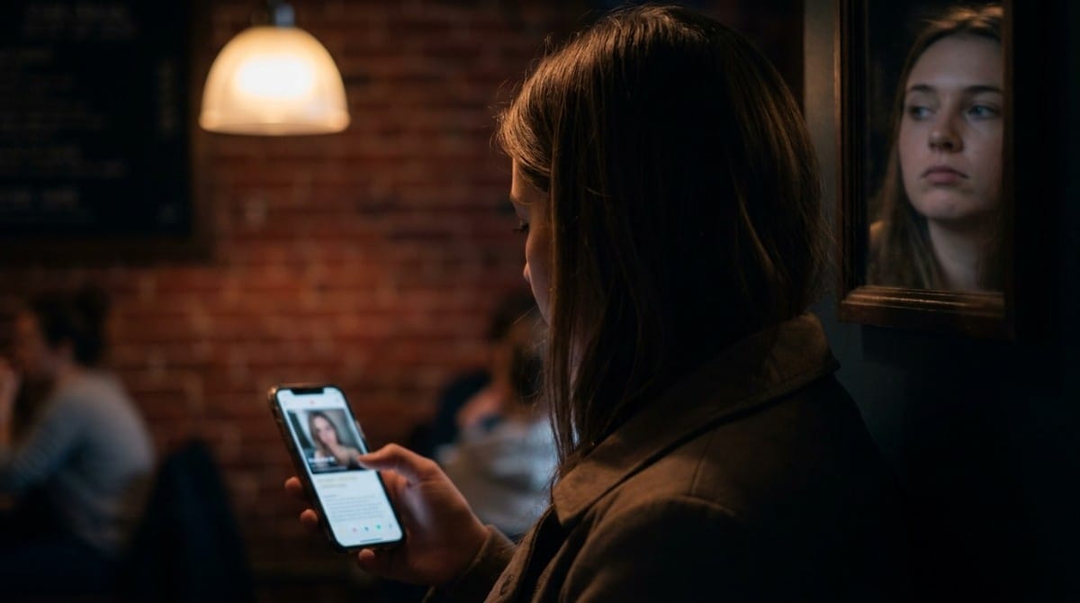Woman standing indoors near a café wall while viewing a dating app profile on her smartphone with moody ambient lighting.