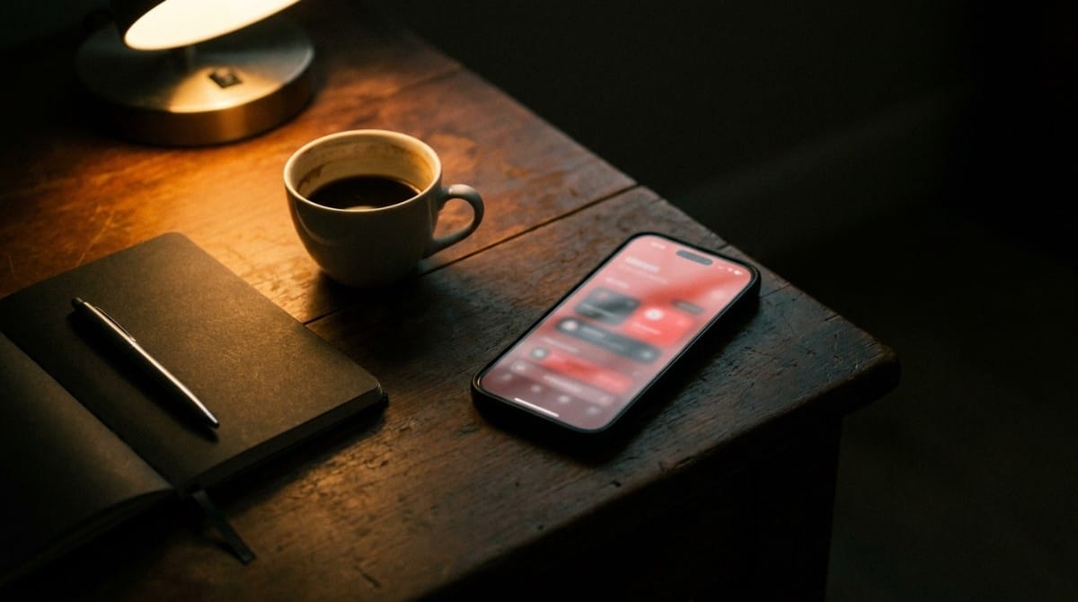 Wooden desk with a coffee cup, notebook, lamp, and smartphone displaying blurred dating app messages in soft nighttime lighting.