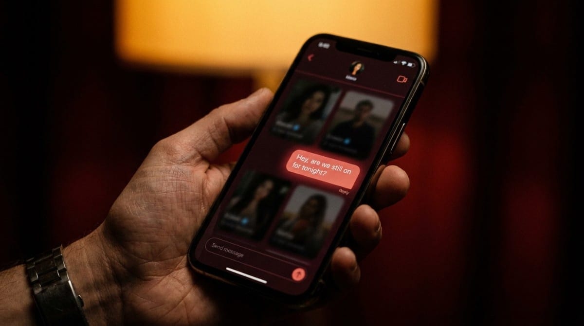 Close-up of a person holding a smartphone with a dating app open and a message reading “Hey, are we still on for tonight?” in a dimly lit room.