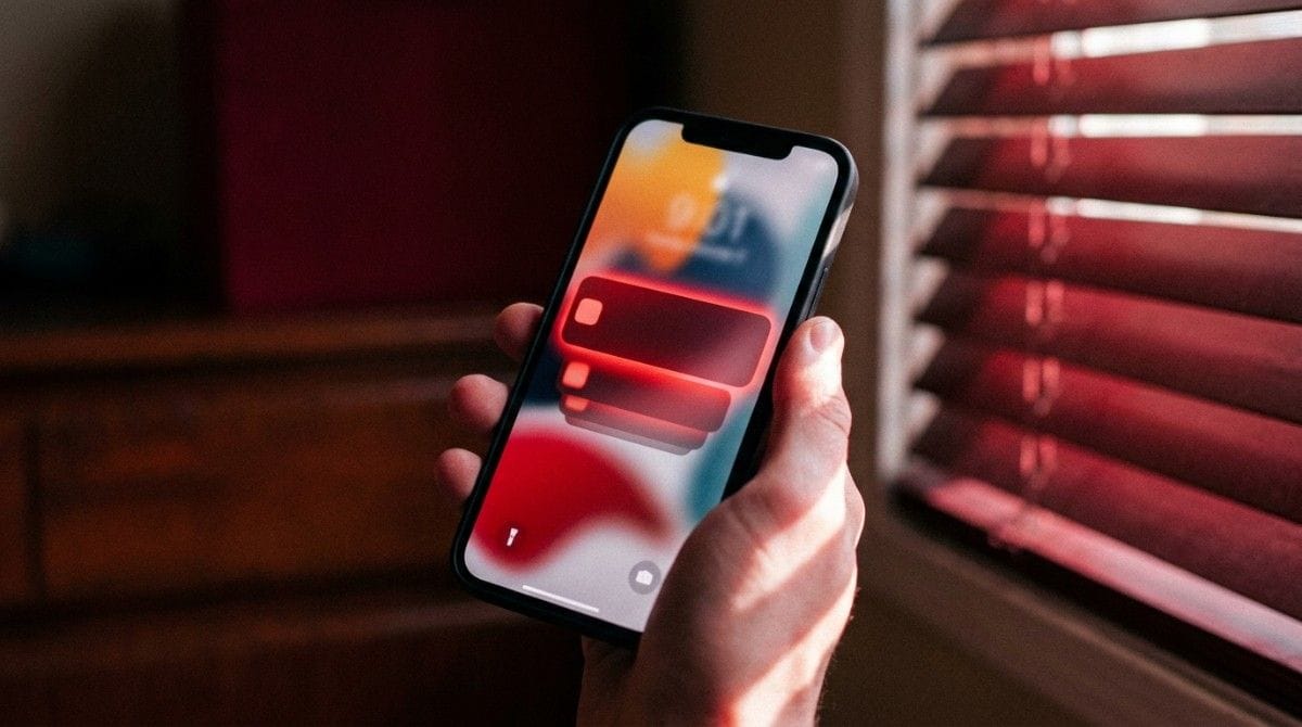 Close-up of a person holding a smartphone with red dating app notifications on the screen beside window blinds in low lighting.