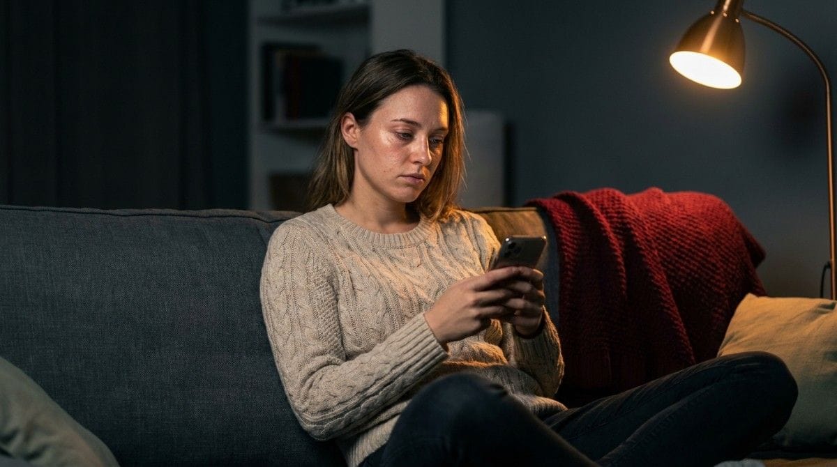 Young woman in a sweater looking at her smartphone on a living room couch under warm lamp lighting.