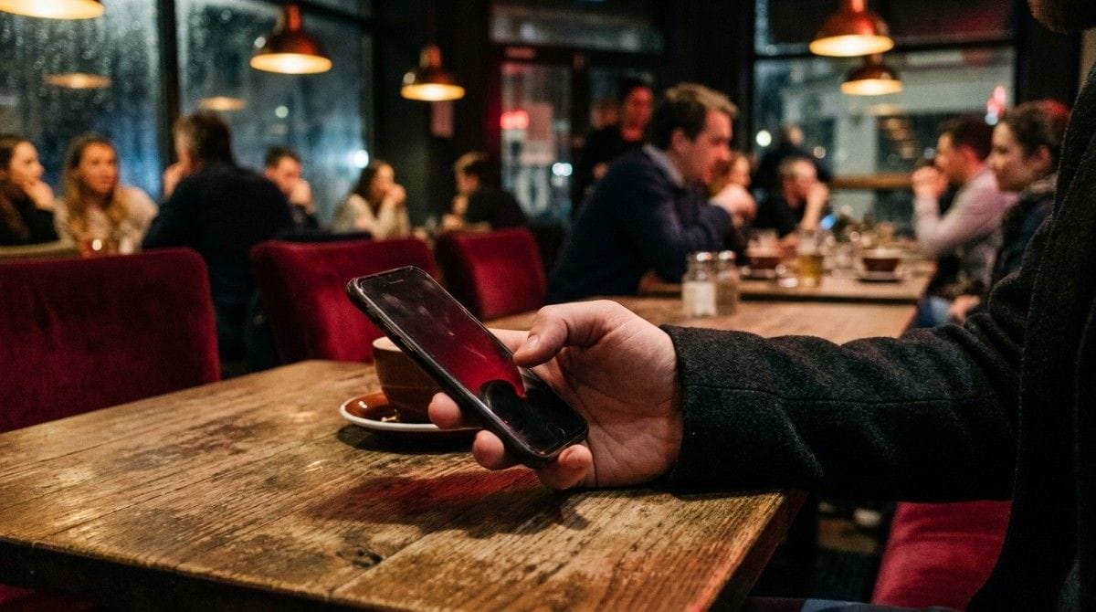 Person sitting at a wooden café table using a smartphone while other people socialize in the blurred background.