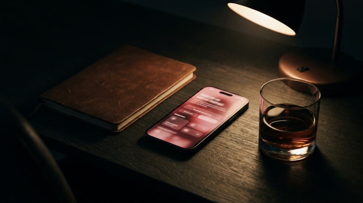 Smartphone displaying blurred chat notifications on a desk next to a notebook, lamp, and glass in a dimly lit room.
