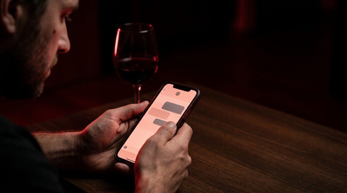 Man holding a smartphone with chat messages visible beside a glass of red wine in dark red lighting.