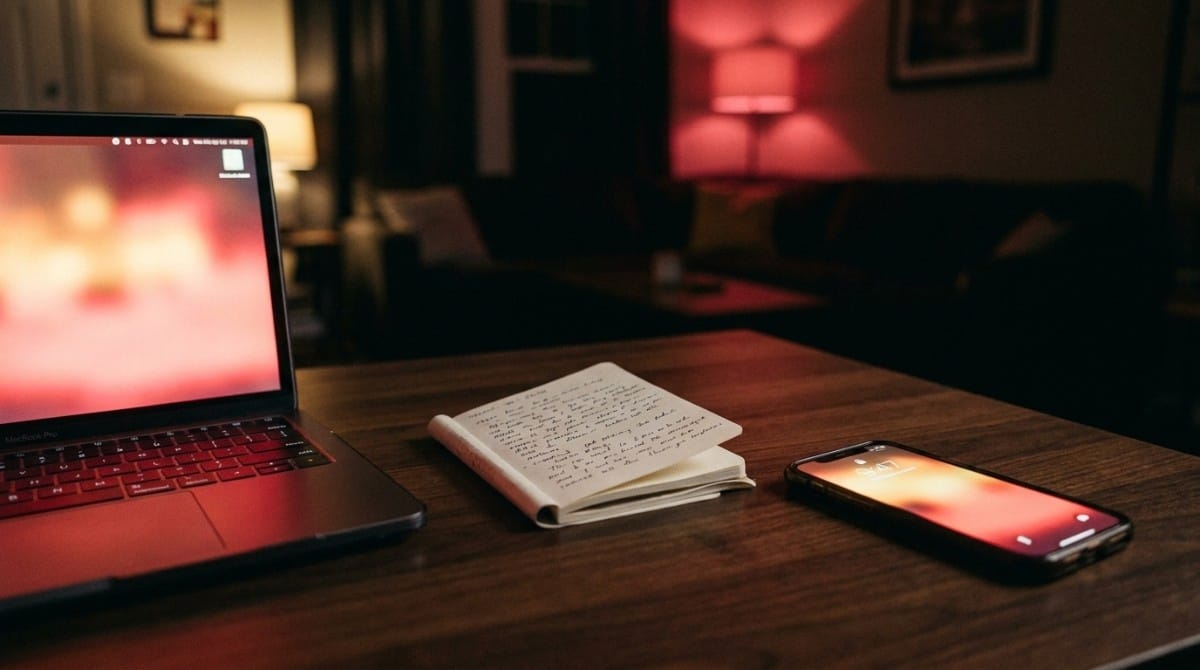 Laptop, notebook, and smartphone placed on a wooden desk in a cozy low-light room with warm ambient lighting.