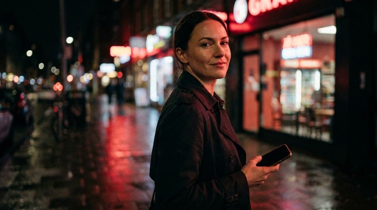 Woman holding a smartphone outdoors at night with blurred city lights and storefronts in the background.