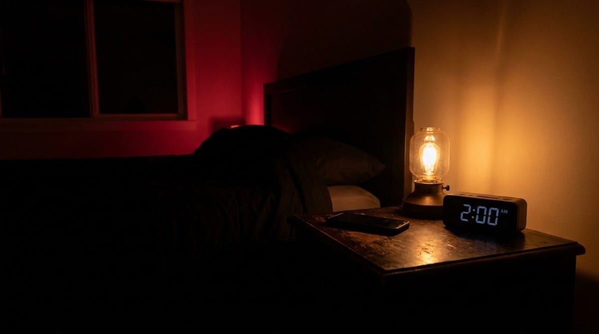 Dark bedroom with a glowing bedside lamp, digital clock showing 2:00 AM, and a phone resting on the nightstand.
