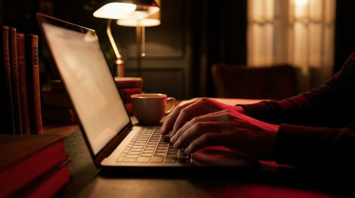 Close-up of a person typing on a laptop at night beside a coffee cup and warm desk lighting.